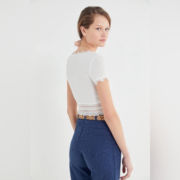 UO Darcy White Cropped Cardigan Women’s S Ribbed Lace Crochet Trim Coquette - Picture 4 of 11